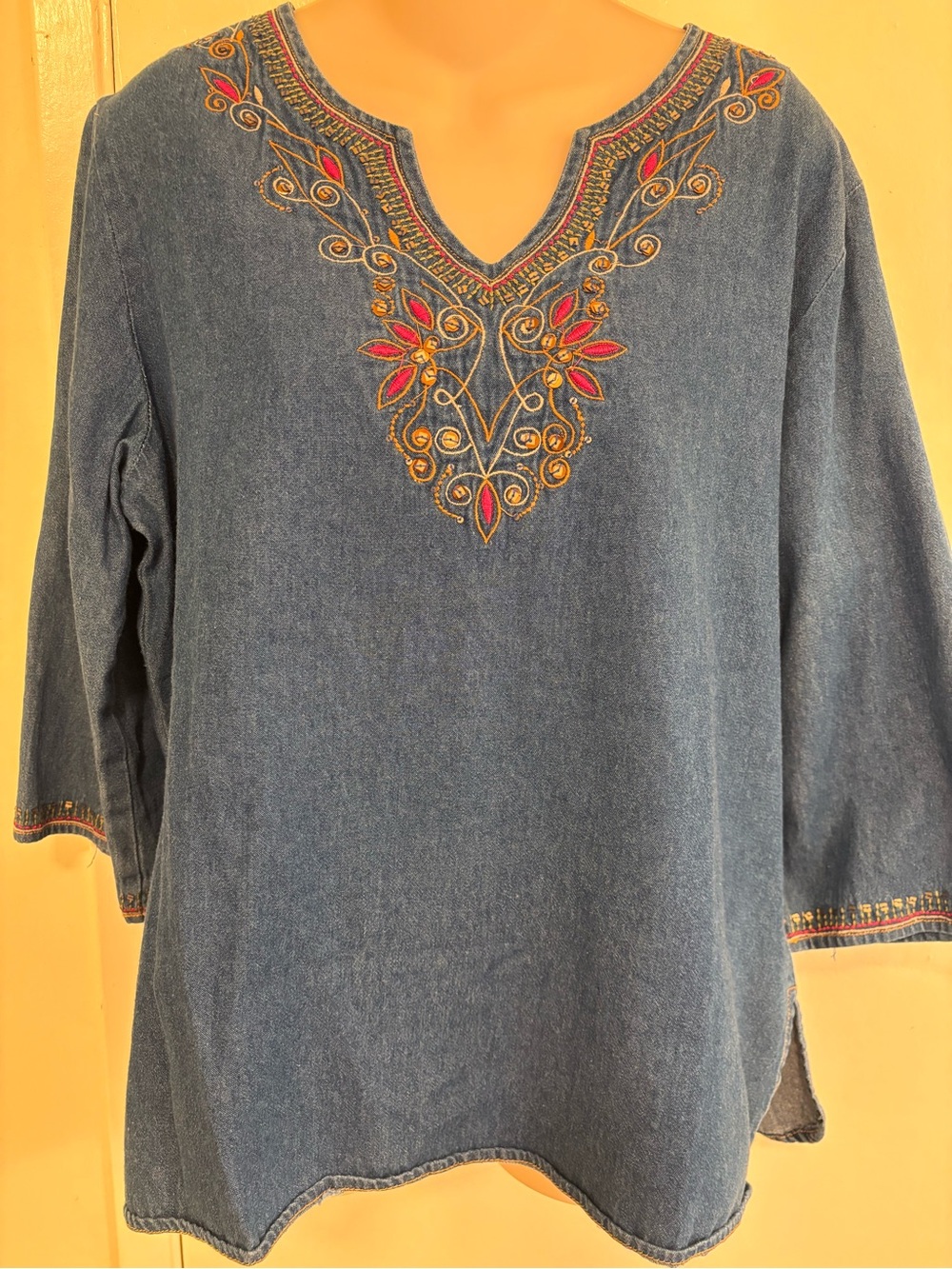 Boho Chic Tantrums embroidered denim tunic top, v-neck and three-quarter sleeves